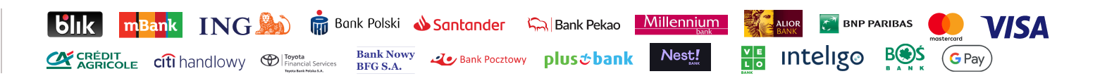 Obsługiwane karty płatnicze: Visa, Visa Electron, Mastercard, MasterCard Electronic, Maestro